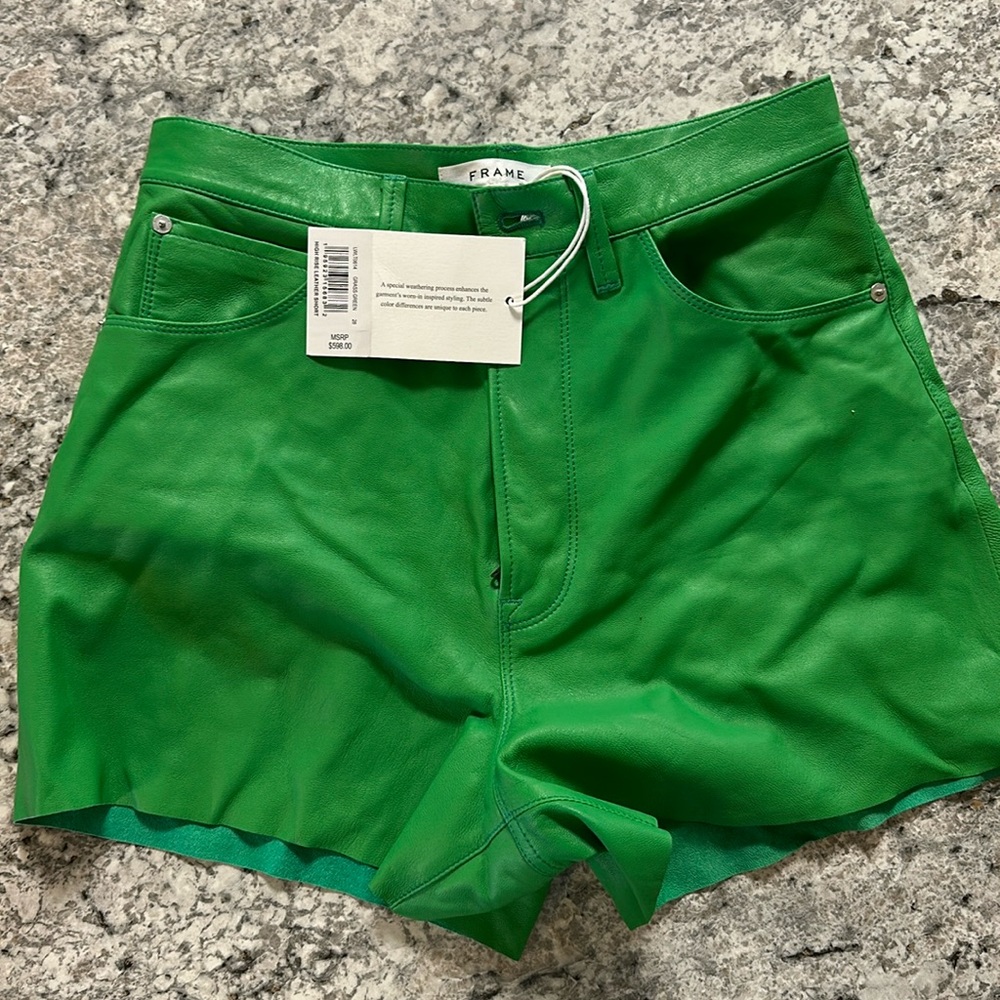 Green High Rise Leather Shorts